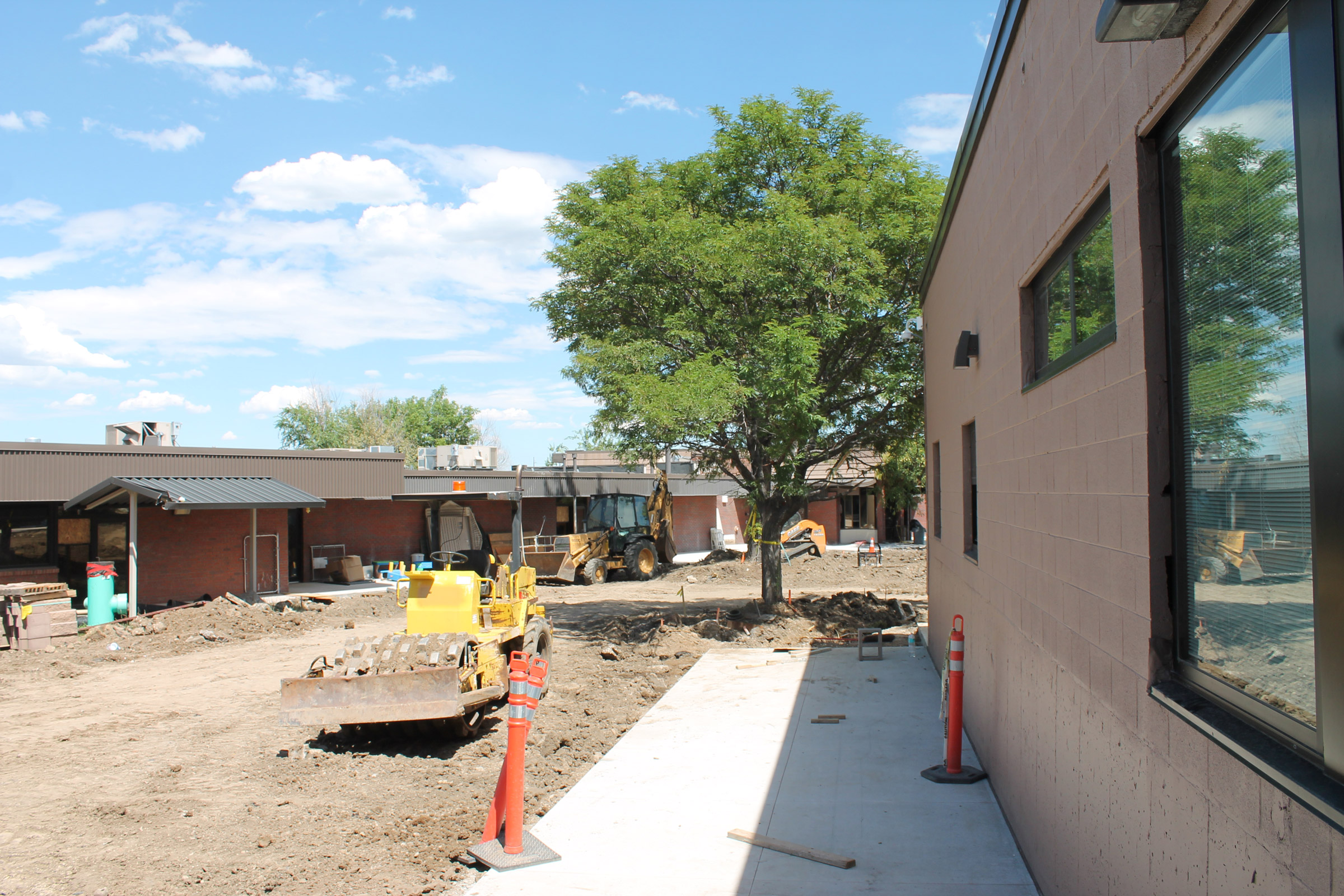 School construction site with heavy equipment and tree.