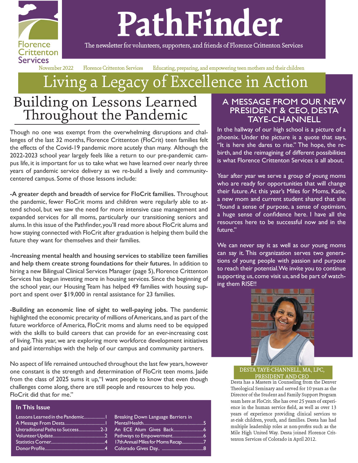 Newsletter about Florence Crittenton Services supporting teen mothers.