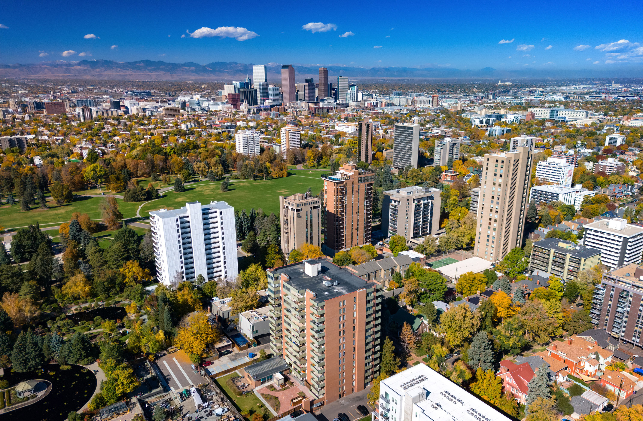 Aerial view of urban cityscape and greenery